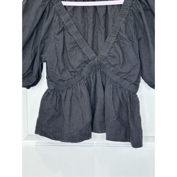 Abercrombie & Fitch Black V-Neck Puff Sleeve Top Linen Blend Size Medium - Picture 4 of 8